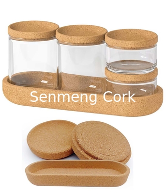 Eco-Friendly Cork Lids And Cork Tray For Set Of Cork Storage Jars