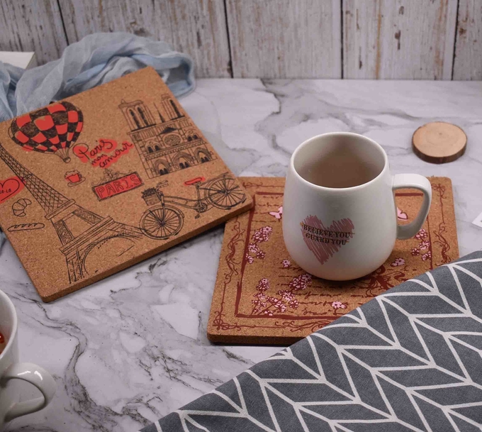 OEM Square Cork Placemats Printed Cork Trivets Heat Insulation 0